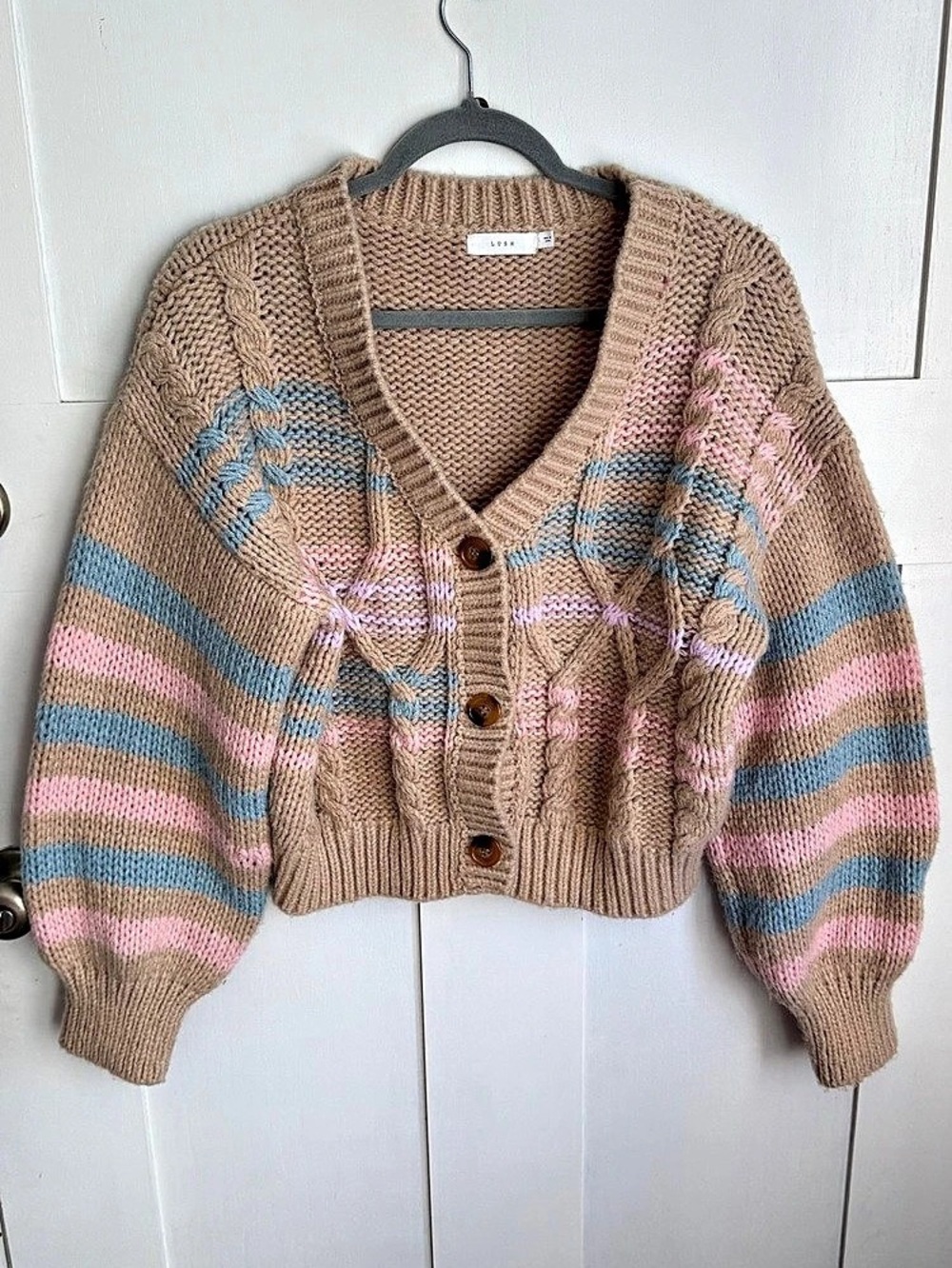 Lush Striped Cropped Cardigan Brown & Pink Large - Picture 4 of 10